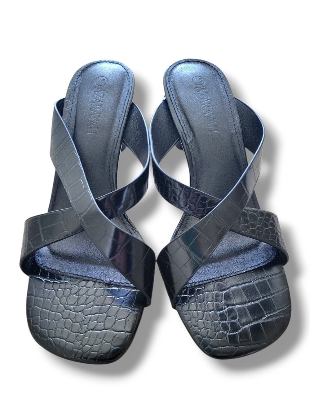 Azarayah | NWOB Black Croc Embossed Faux Leather Strappy Kitten Heels (US 7.5)